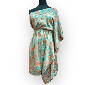 Soprano One Shoulder Floral Multi Color Mini Dress, Silky Boho Draping Women’s M